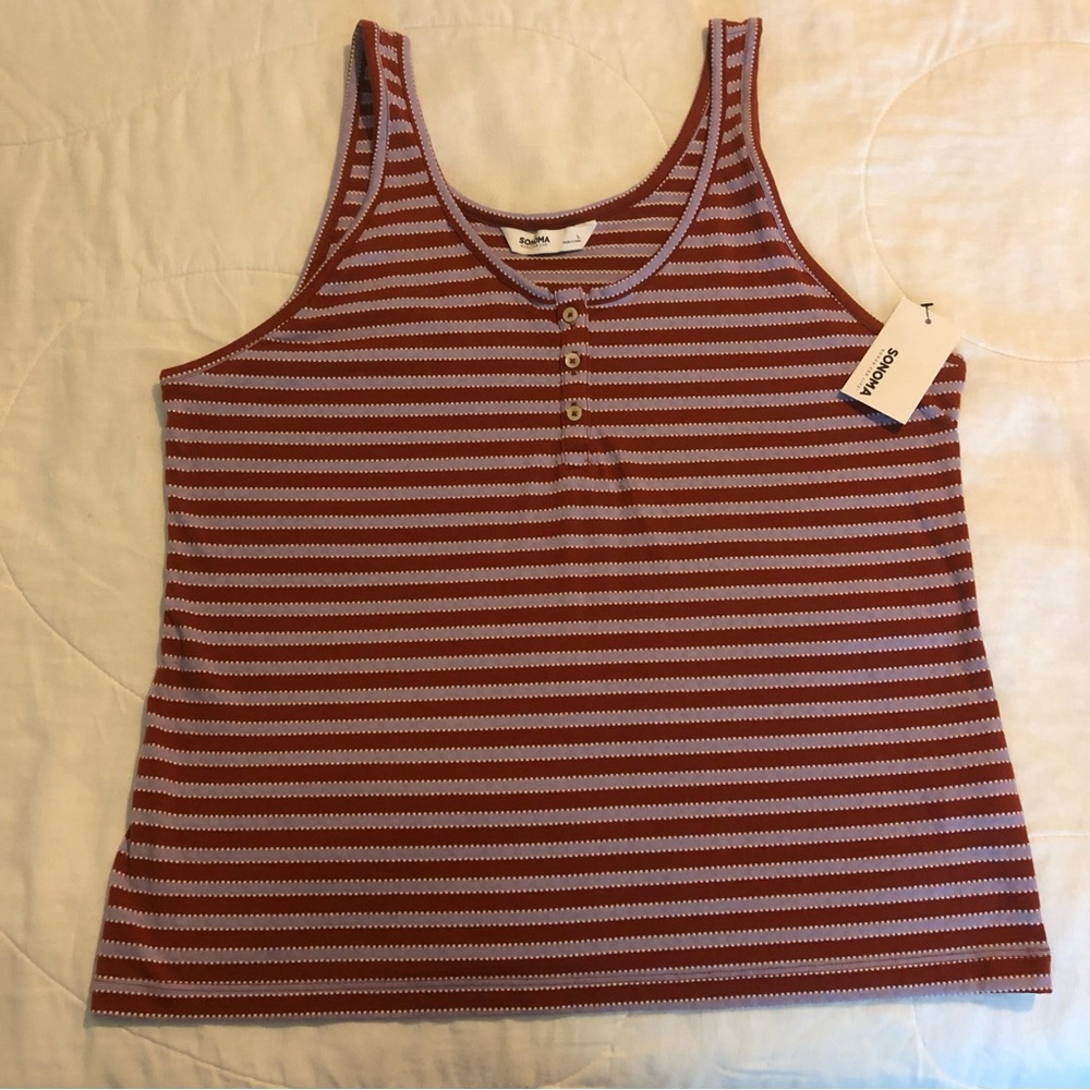 New Womens Sonoma Tank Top L Purple Brown Striped Cotton Sleeveless Shirt
